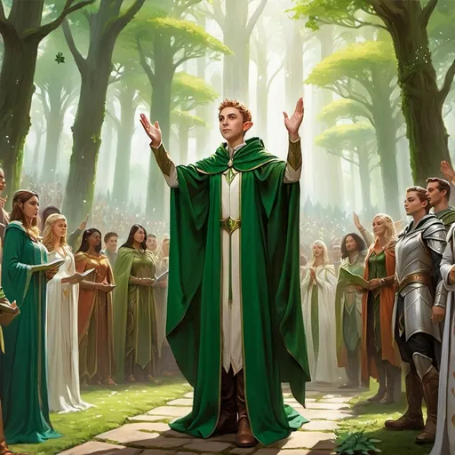 Prompt: a young robed elf taking an oath, multiple elves and humans in background, selesnya, celebration, forest, greens and whites, magic the gathering card art