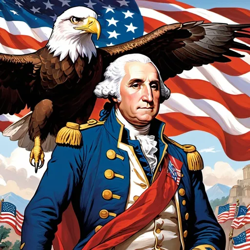 Prompt: George Washington with an eagle on his shoulder while he waves the USA flag, USA imagry and symbolism in the background, whites blues and red, art style like Magic: The Gathering card art