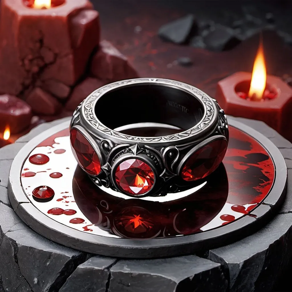 Prompt: A necrotic ring sitting on bloody stone, black, magic the gathering card art