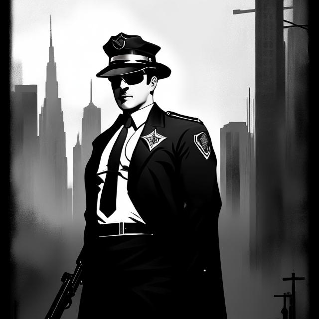 Prompt: American cop, drawn using blacks and whites, and in the magic the gathering art style. 1950’s, noire detective film,