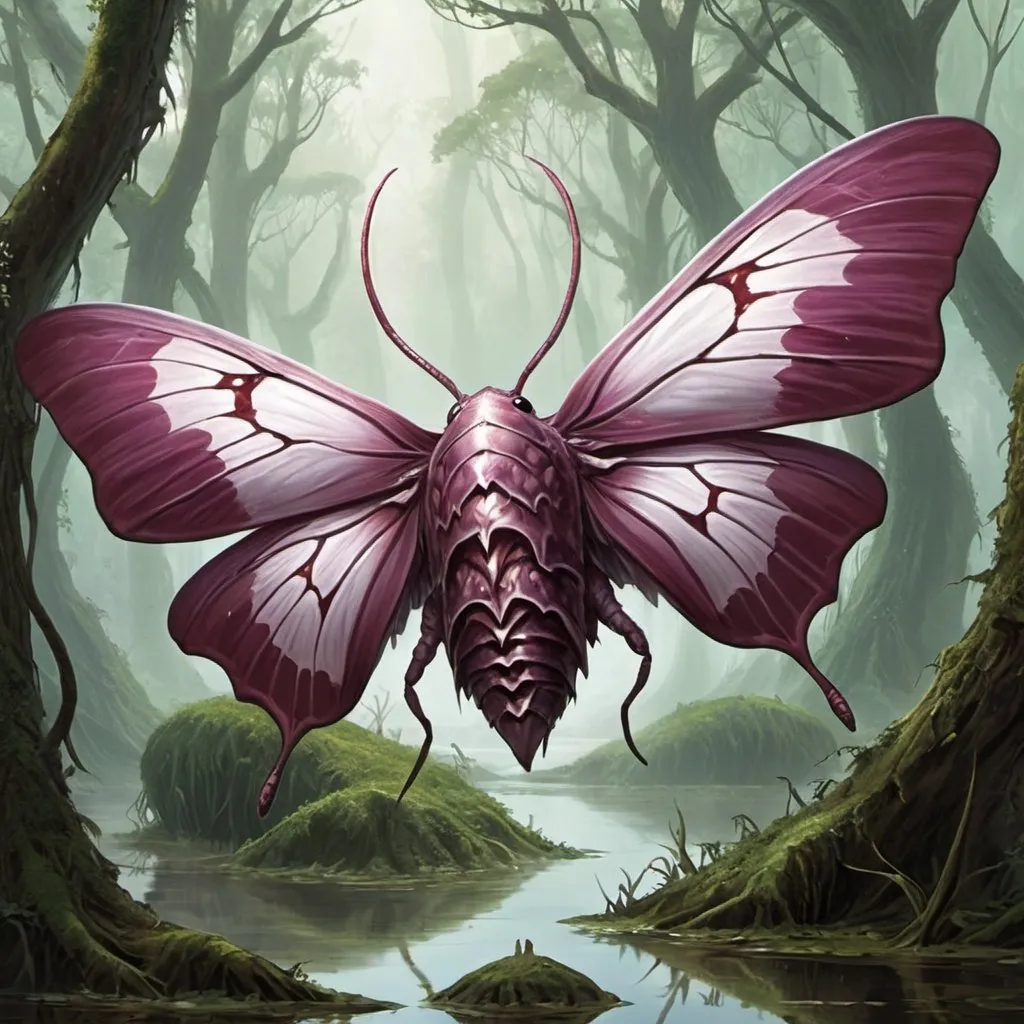 Prompt: bloated blood filled Eldrazi Sliver Moth, swamps, magic the gathering card art,