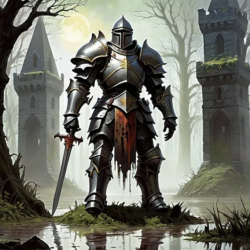 Prompt: zombie knight standing guard, large tower gate, swamp, magic the gathering card art, 