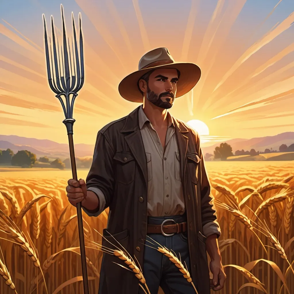Prompt: Farmer, Human, holding realistic pitchfork, sunrise in background, wheat field in background, magic the gathering art style