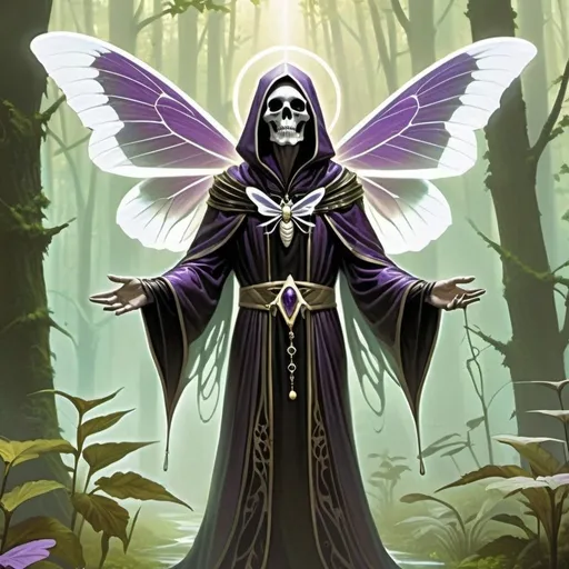 Prompt: ascendedliving corpse in a moth themed robe, magical purple aura emanating, magical, swamp, magic the gathering card art,