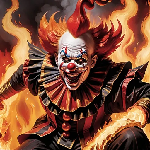 Prompt: wide shot of a Demonic Hellish clown laughing while surrounded by fire and blood, circus, Rakdos, Blacks and Reds, Magic the gathering card art. 