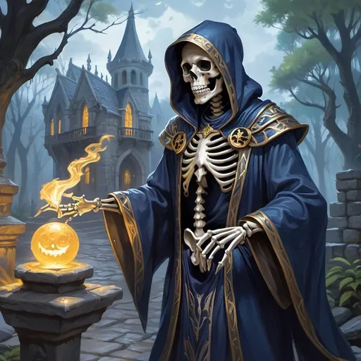 Prompt: skeleton with glowing eyes in navy blue swamp themed robes, casting a spell on knights, cobblestone road, stone buildings around, magic the gathering card art, 