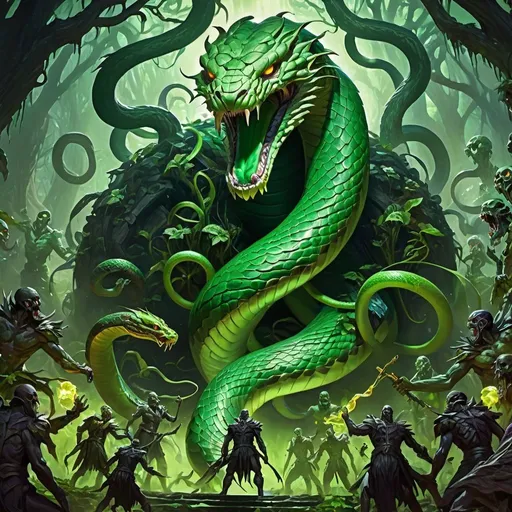 Prompt: large snake-like evil god of growth and decay, zombies surrounding them, Golgari, greens and blacks, magic the gathering art style