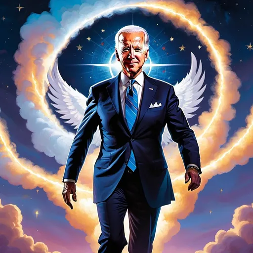 Prompt: Joe Biden with his eyes glowing as he ascends, USA symbolism in background, art style like Magic: The Gathering card art