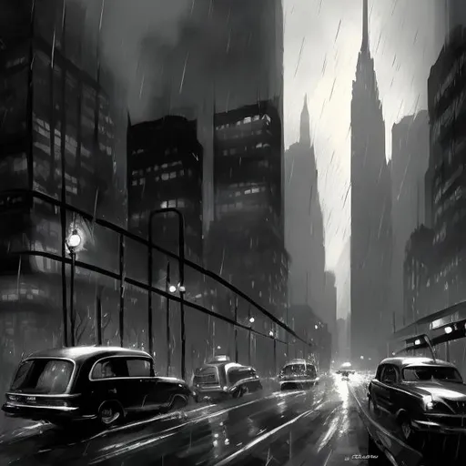 Prompt: 1950’s, noire style, black and white, rain, Magic: The Gathering art style,, city