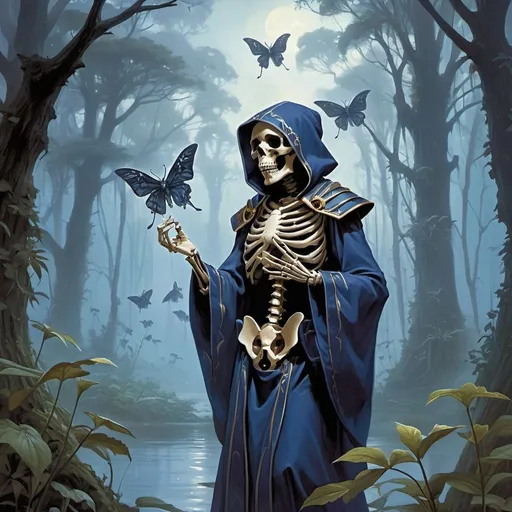 Prompt: skeleton in navy blue robes whispering to moths, moths, swamp, magic the gathering card art, 