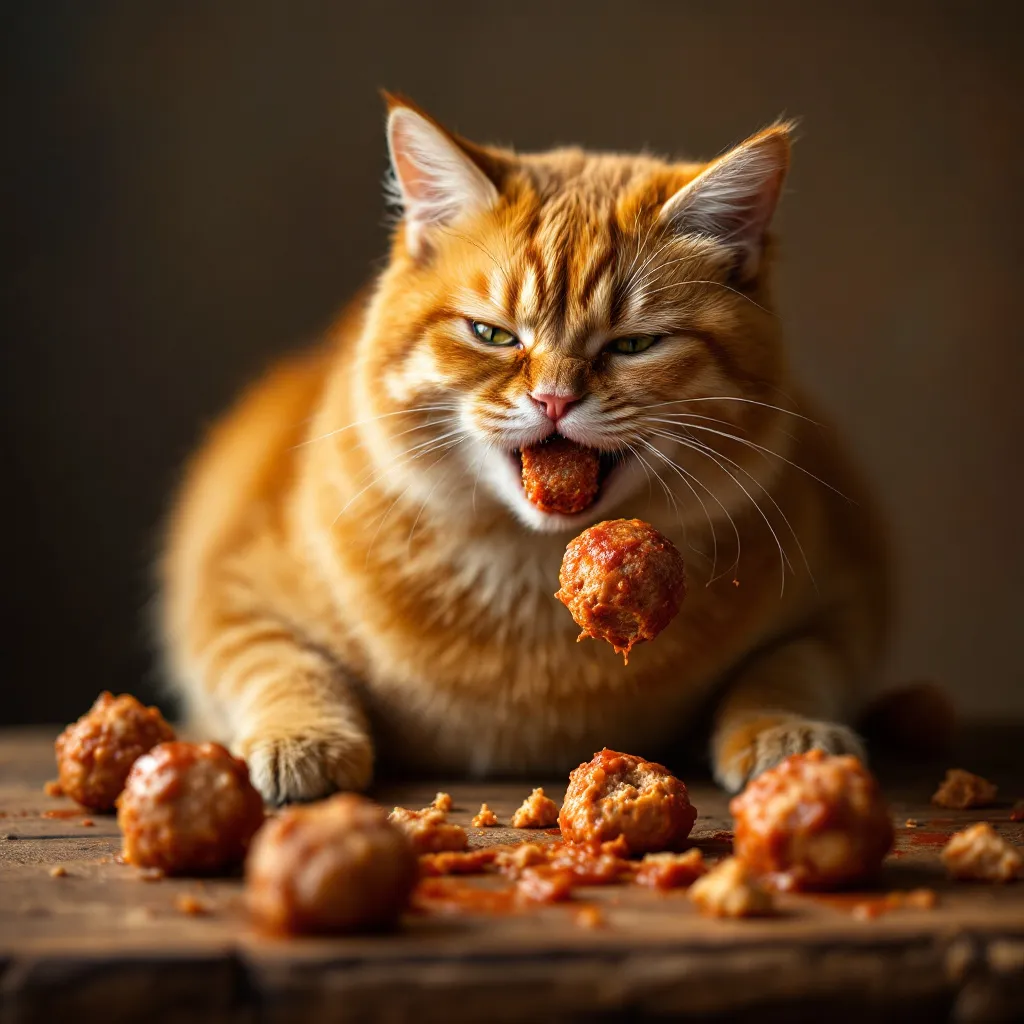 Prompt: A fat orange Cat eating meatballs