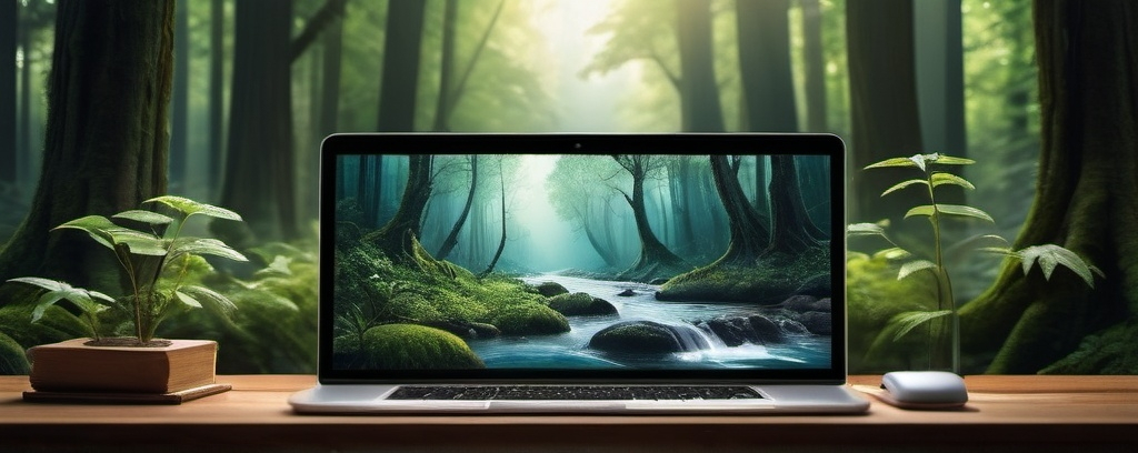 Prompt: Design a YouTube banner for a channel focused on investment and personal development, blending the "Nature Technologique" style. The banner should be in 4K resolution (2560 x 1440 pixels) and optimized for YouTube’s recommended dimensions.

Create a serene, yet futuristic landscape where nature meets technology. In the background, depict a lush forest with tall trees and a flowing river, but intertwine elements of technology like glowing circuits embedded into the tree trunks, and bioluminescent plants shaped like computer chips. The river could have a holographic surface with data streams flowing through it.

In the foreground, place a modern workspace that blends natural elements with advanced technology. For instance, a wooden desk with a high-tech interface projected above it, featuring books with digital pages and floating stock market graphs made of light. Surround this space with natural elements, like vines and leaves, that integrate seamlessly with the tech components.

The overall mood should convey a balance between growth and innovation, emphasizing the harmony between nature and technology. Make sure to leave space for the channel name in a sleek, organic font that reflects the theme.