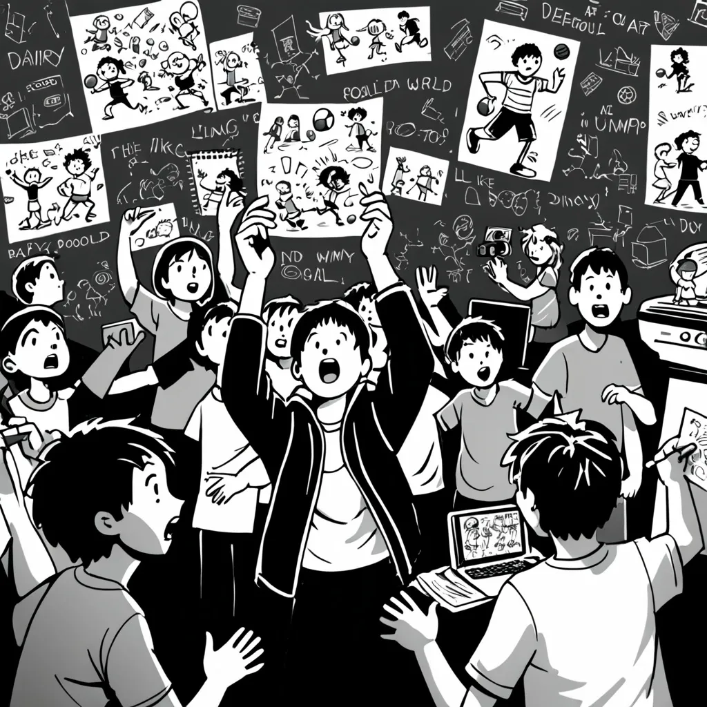 Prompt: a poster with a group of kids doing: 1) a girl holding rolled A2 sheets with a laptop, A boy sketching things, A boy filming the scene, a girl juggling a football, in the middle of it all a kid yelling on a speaker. All of them are in a 2D world, like diary of a wimpy kid art