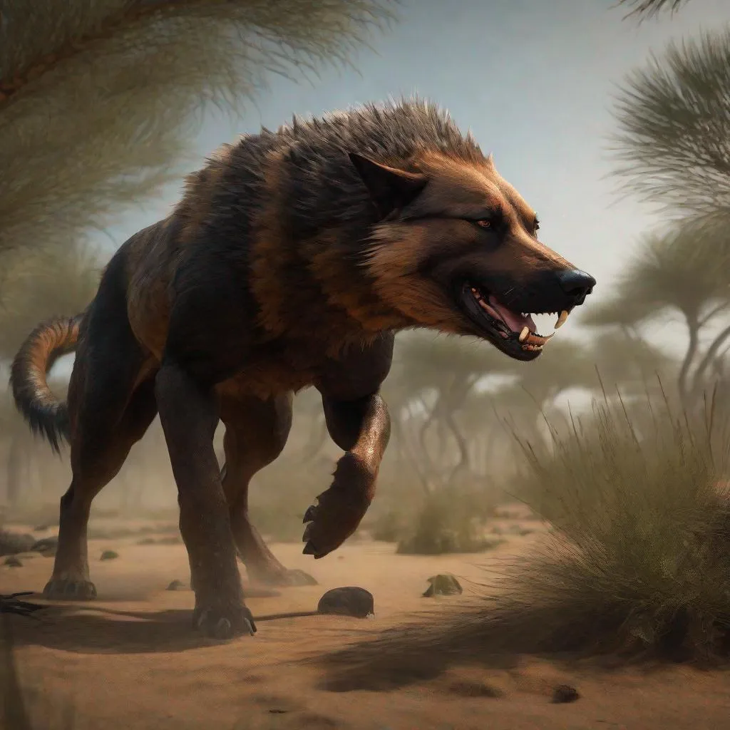 Prompt: a giant and heavily-built speculative aenocyon-dirus-like dog with dirty-reddish-brown and dark-black fur and thick-spike-like saber-teeth snarling while hunting in a mushroom-filled mangrove swamp oasis in a saline desert, apex predator, speculative evolution, mean, intimidating, big muscles, muscular, very intimidating, carnivore, angry, based off a Japanese-raccoon-dog and South-American-bush-dog mix, debris storm, hairy, husky-like animal, cool, sci fi, future, photorealistic, 4k, 8k