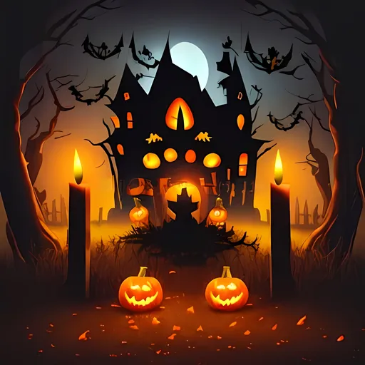 Prompt: Halloween pumpkin head jack lantern with burning candles, Spooky Forest with a full moon and wooden table, Pumpkins In Graveyard In The Spooky Night - Halloween Backdrop