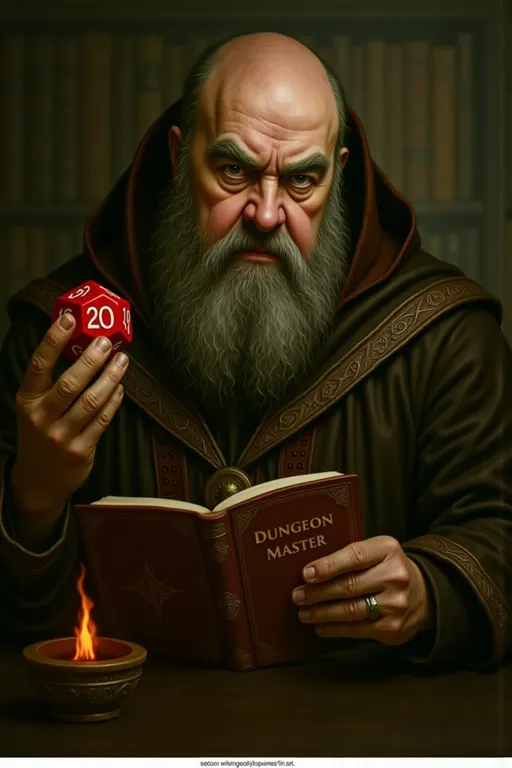 Prompt: @Mwmv6745hSFWCfJZRWMT  is setting a a table in library with a open fire, @Mwmv6745hSFWCfJZRWMT need to be more cubby like image, on the image to image guidance.

A stern-looking old man with a thick, grey beard and intense, piercing eyes captivates attention, dressed in a richly detailed dark robe with a hood that casts shadows over his face. He holds a striking red twenty-sided die in one hand, while the other cradles an ornate book titled "Dungeon Master," hinting at a world of storytelling and fantasy. The dimly lit background enhances the gravitas of the scene, inviting an atmosphere of mystery and adventure. The deep colors and intricate textures create a compelling visual, evoking the essence of role-playing games and the commanding presence of a figure central to countless tales. This image captures a moment where fantasy meets reality, encapsulating the essence of a storyteller ready to weave a new adventure.