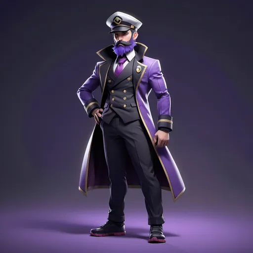 Prompt: (Pokémon Gym Leader), full body character design, (serious expression), wearing a captain's suit, adorned with a captain's cap, striking (dark type) aesthetic, featuring a distinctive purple beard, bold and commanding presence, intricate details on attire, dramatic shadow play, high contrast color tones with deep purples and blacks, (ultra-detailed), cinematic ambiance, emphasizing strength and authority.