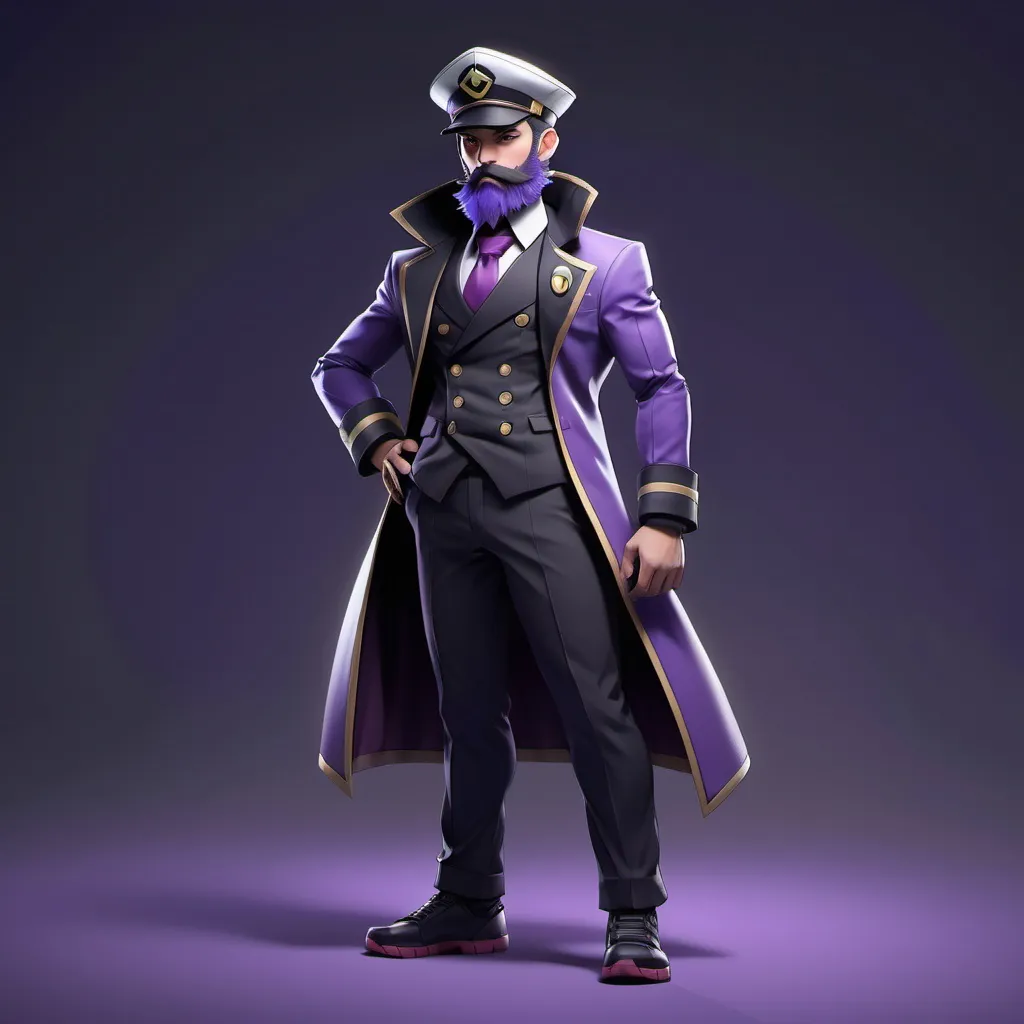 Prompt: (Pokémon Gym Leader), full body character design, (serious expression), wearing a captain's suit, adorned with a captain's cap, striking (dark type) aesthetic, featuring a distinctive purple beard, bold and commanding presence, intricate details on attire, dramatic shadow play, high contrast color tones with deep purples and blacks, (ultra-detailed), cinematic ambiance, emphasizing strength and authority.