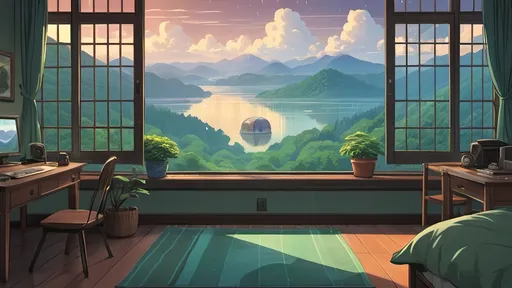 Prompt: chillhop room with window overlooking a rainy landscape of forested mountains on both sides with a lake in the valley in between the mountains, studio ghibli, illustration