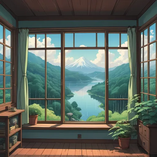 Prompt: chillhop room with window overlooking a rainy landscape of forested mountains on both sides with a lake in the valley in between the mountains, studio ghibli, illustration