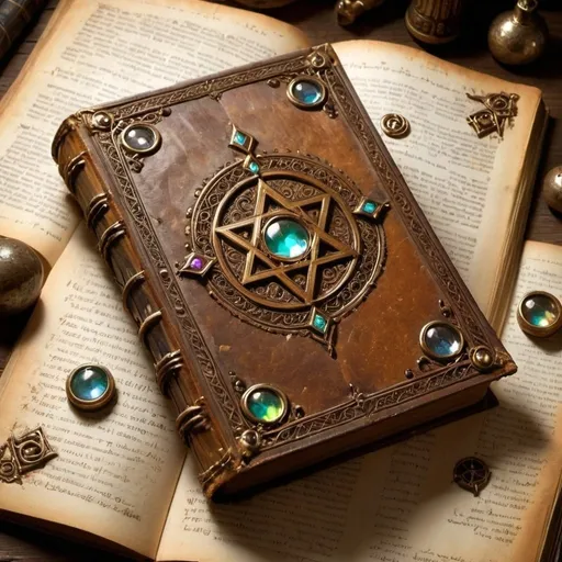 Prompt: Imagine an ancient enchanted book, with yellowed pages adorned with mysterious symbols. The cover appears to be leather, weathered by time and adorned with inset gems that shimmer with a magical light. The book is open to a page emitting a soft glow, revealing ancient spells and arcane formulas. The letters on the pages seem to move gently, as if the book itself breathes life. Ensure the book appears real and tangible, with details that captivate the eye and mind, all set against a transparent background, allowing the book to emerge in all its mystery and charm.