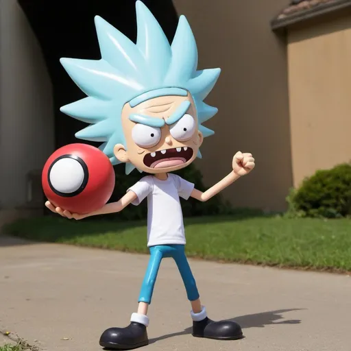 Prompt: Un'immagine di Rick Sanchez di 'Rick e Morty' nella versione Pok�mon. Rick � in piedi in una posa decisa, con una leggera inclinazione in avanti come se fosse pronto a lanciare una Pok�ball. Sta tenendo un cappello da allenatore Pok�mon con la mano sinistra sollevata e una Pok�ball nella mano destra. Ha i suoi classici capelli blu a punta e un'espressione fiera e decisa sul volto, con occhi che presentano iridi a forma di stella. Indossa il tradizionale camice bianco da scienziato, ma con dettagli ispirati agli allenatori Pok�mon, come una cintura per le Pok�ball e un Pokedex agganciato alla cintura. Indossa anche stivali robusti, tipici degli allenatori Pok�mon. Lo sfondo pu� essere un'arena di battaglia Pok�mon o un paesaggio avventuroso del mondo Pok�mon.