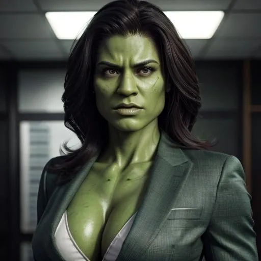 Prompt: Realistic illustration of She-Hulk in a professional suit, detailed facial features, strong and powerful physique, high quality, realism, professional attire, detailed muscles, confident stance, realistic colors, professional lighting, detailed hair, intense gaze, detailed suit, refined illustration, Green skin