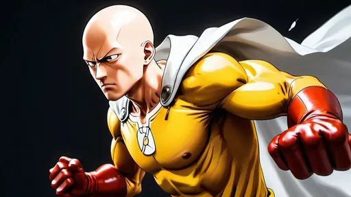 Prompt: Hyperrealistic Saitama from One Punch Man, mid-powerful punch, intense facial expression, bald head gleaming, yellow suit with white cape billowing, muscular arm extended, fist clenched, shock waves visible, debris flying, high detail, sharp focus, dynamic lighting, 16K resolution, cinematic composition perfect anathomy volumetric isometric  2D cartoon style