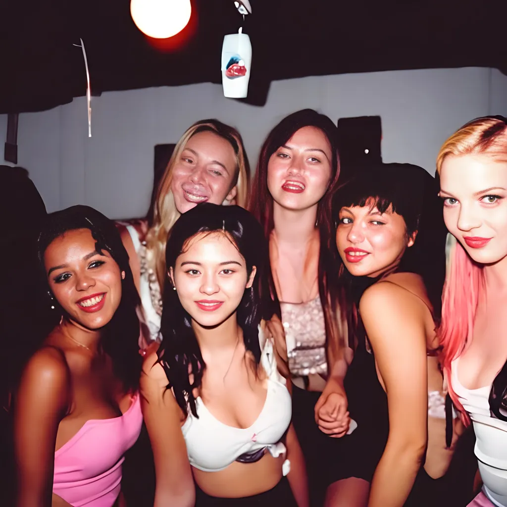 Prompt: Disposable film photos of a girls night out.