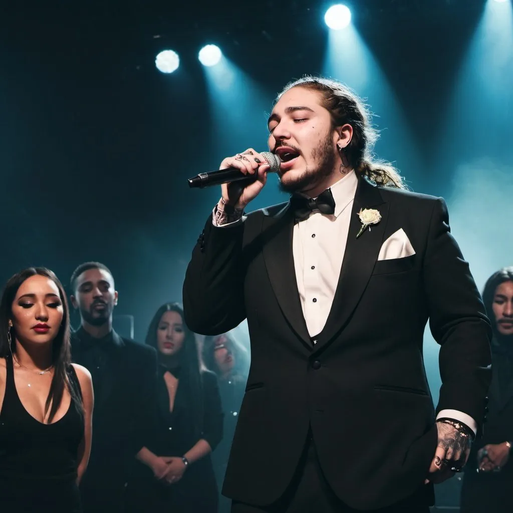 Prompt: realistic shot of post malone, wearing  a black tuxedo, performing on stage in an club setting, eyes closed, singing