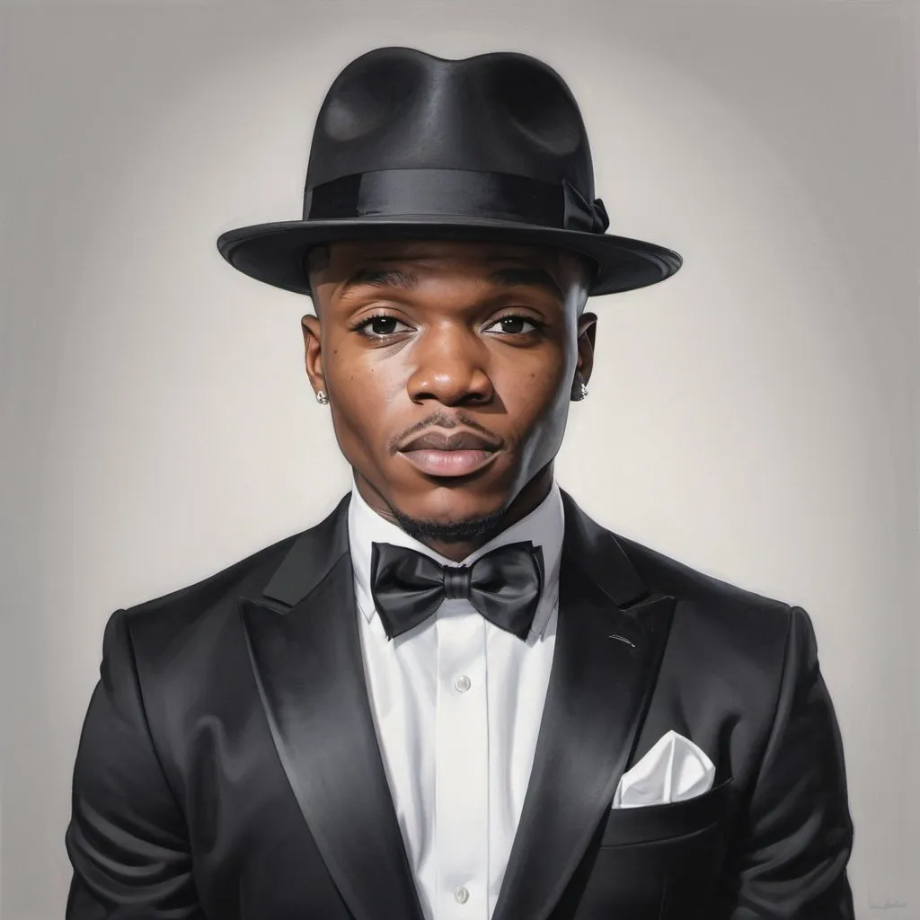 Prompt: realistic portrait of rapper dababy wearing a black tuxedo, white shirt, black bow tie, black fedora