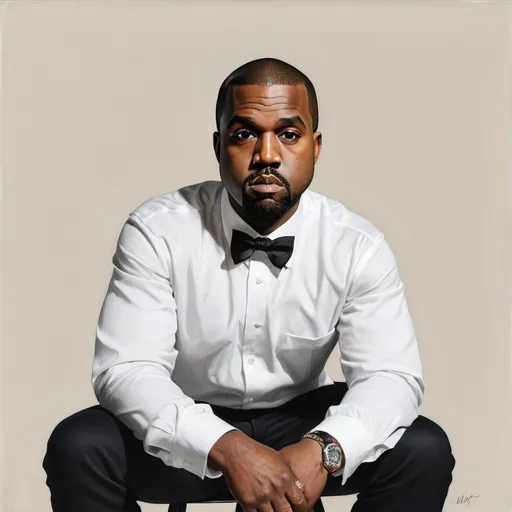 Prompt: realistic portrait of kanye west, seated, wearing a white shirt, black bow tie, and black pants