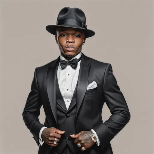 Prompt: realistic portrait of dababy in a black tuxedo and fedora, standing