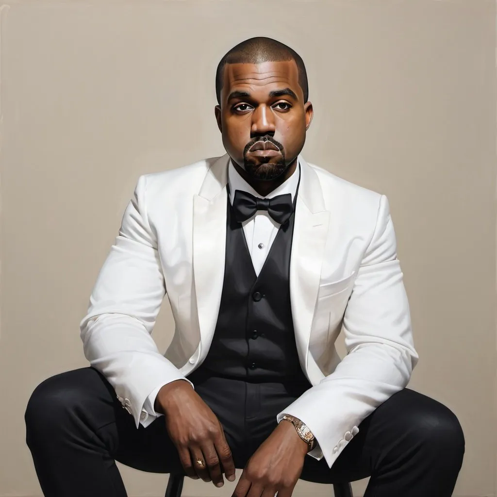 Prompt: realistic portrait of kanye west, seated, wearing a white tuxedo shirt, black bow tie, and black pants