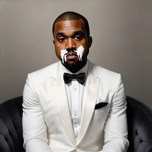 Prompt: realistic portrait of kanye west, seated, wearing a white tuxedo shirt, black bow tie, and black pants