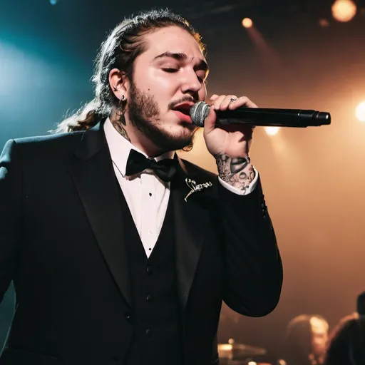 Prompt: realistic shot of post malone, wearing  a black tuxedo, performing on stage in an club setting, eyes closed, singing