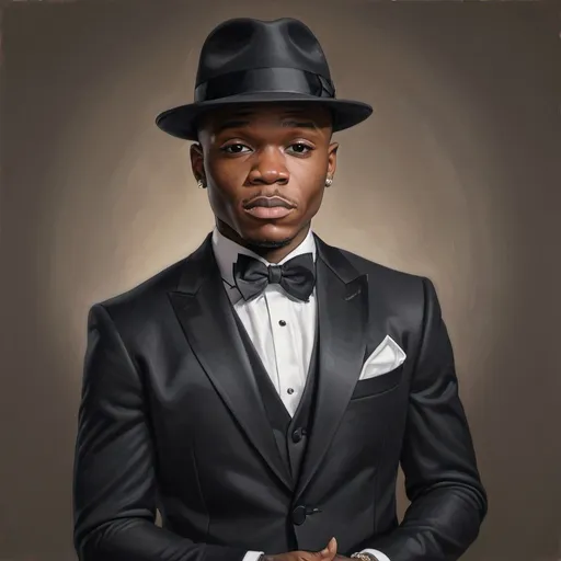 Prompt: realistic portrait of dababy in a black tuxedo and fedora, standing