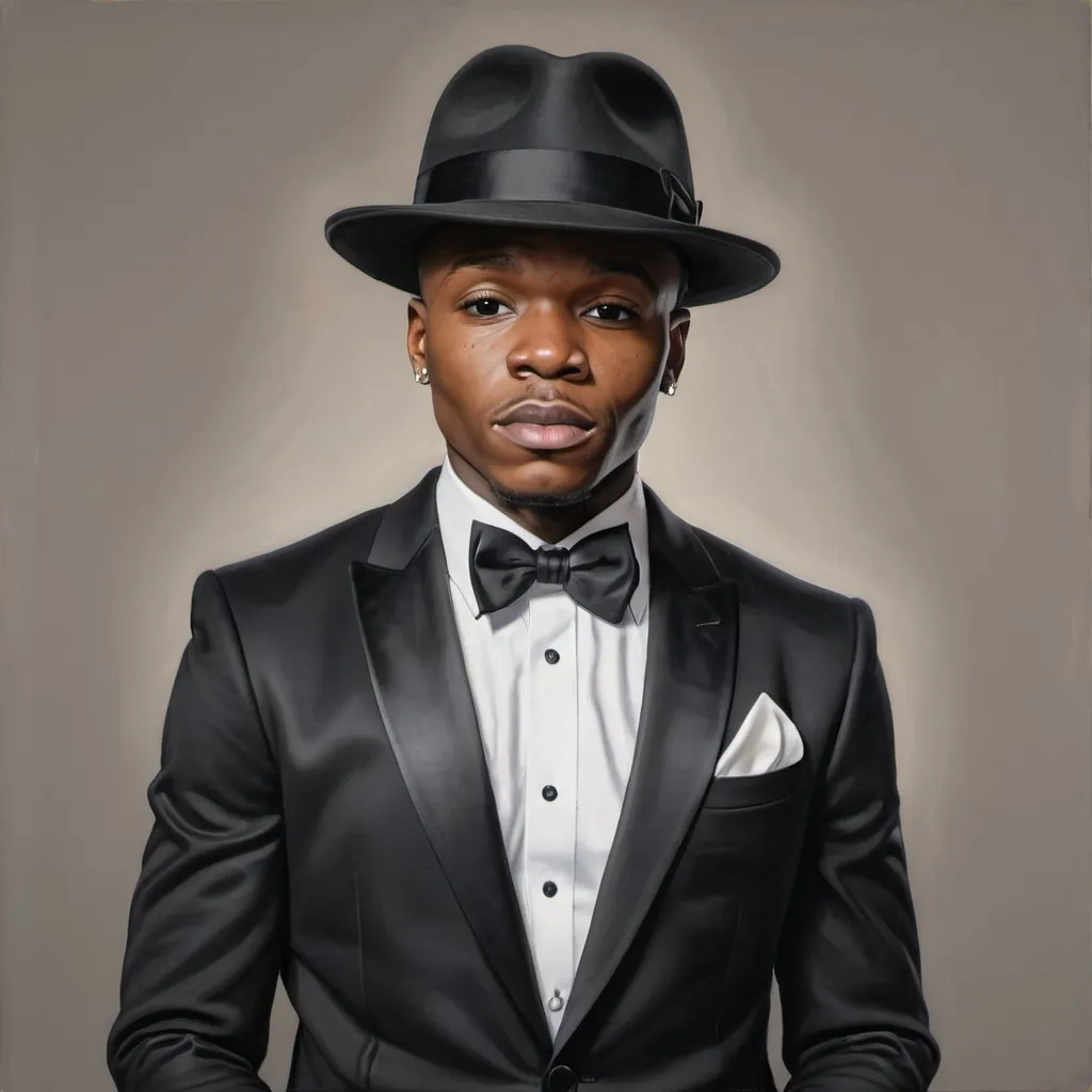 Prompt: realistic portrait of dababy in a black tuxedo and fedora, standing