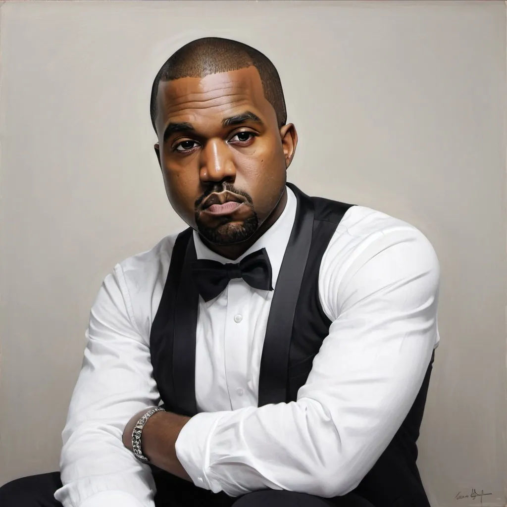 Prompt: realistic portrait of kanye west, seated, wearing a white shirt, black bow tie, and black pants