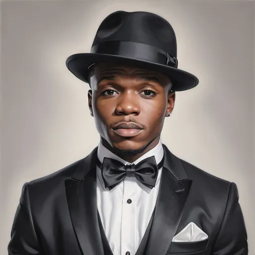 Prompt: realistic portrait of rapper dababy wearing a black tuxedo, white shirt, black bow tie, black fedora