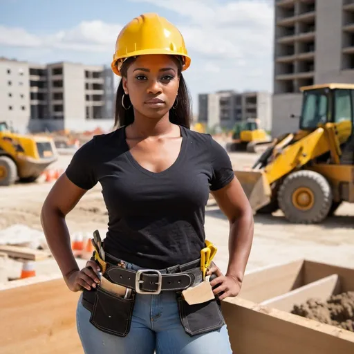 Prompt: A black female builder at a construction site with her builders belt on her waist she must be dirty and not posing at the camera
