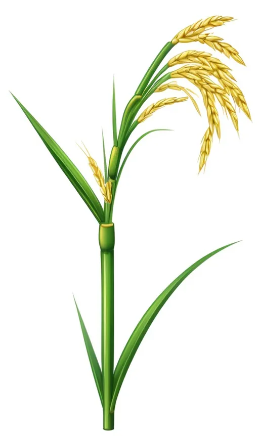 Prompt: A realistic illustration of a rice plant with yellow-green stalks, three rice leaves, and a golden yellow rice ear on a white background."