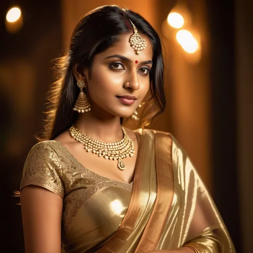 Prompt: Cute Indian woman in mesh saree, gold detailed blouse, deep cleavage, high quality, Indian art style, warm tones, intricate jewelry, traditional setting, detailed facial features, atmospheric lighting