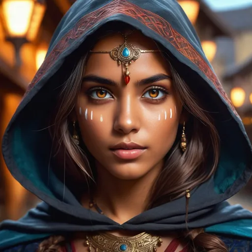 Prompt: masterpiece, splash art, ink painting, beautiful pop idol, D&D fantasy, (25 years old) lightly tanned-skinned human Indian girl, ((beautiful detailed face and large eyes)), determined expression, medium length hazel hair, serious expression looking at the viewer, wearing detailed splint armor and a dark cloak in a tavern #3238, UHD, hd , 8k eyes, detailed face, big anime dreamy eyes, 8k eyes, intricate details, insanely detailed, masterpiece, cinematic lighting, 8k, complementary colors, golden ratio, octane render, volumetric lighting, unreal 5, artwork, concept art, cover, top model, light on hair colorful glamourous hyperdetailed medieval city background, intricate hyperdetailed breathtaking colorful glamorous scenic view landscape, ultra-fine details, hyper-focused, deep colors, dramatic lighting, ambient lighting god rays, flowers, garden | by sakimi chan, artgerm, wlop, pixiv, tumblr, instagram, deviantart