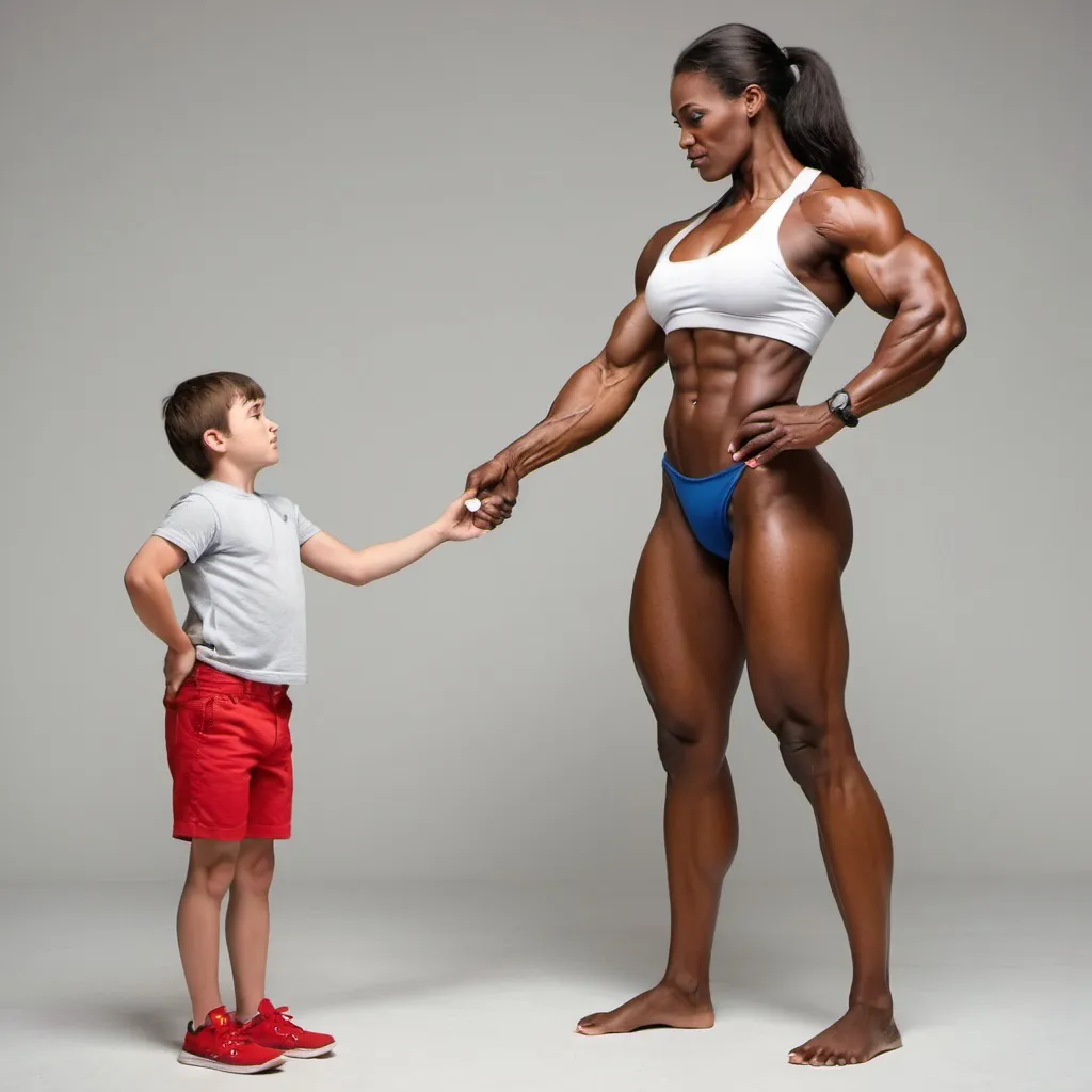 a tall and very muscular woman impresses a small you...