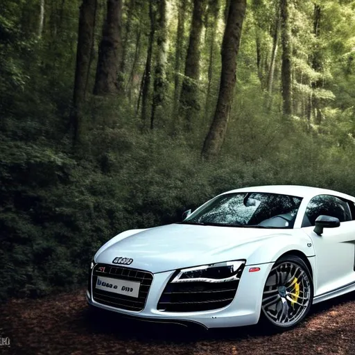 Prompt: a audi r8 v8  in white in a forest