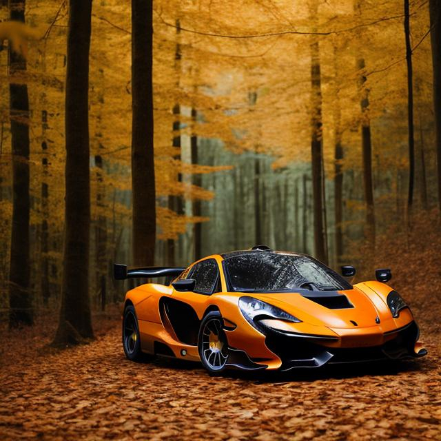 Prompt: a mc laren p1 in orenge in a forest in the fall