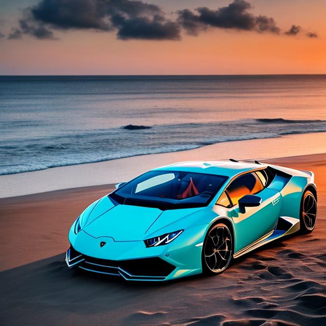 Prompt: a lamborghini huracan sto in blue on a beach sunset