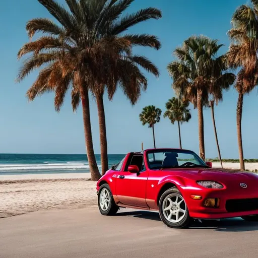 Prompt: a mazda miata from 1990 in red next to a beach with palm trees