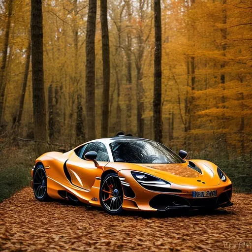 Prompt: a mc laren 720s in orenge in a forest in the fall